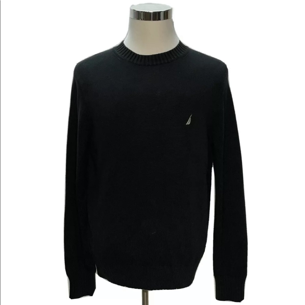 Nautica Mens Knit Crew Neck Sweater Size M Solid Black Pullover 100% Cotton